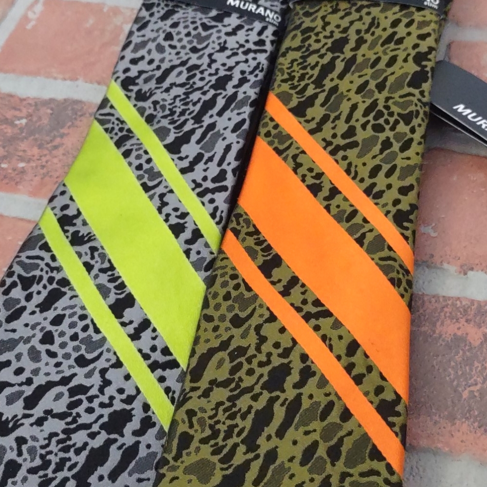 Murano Camouflage Slim Neon Green Orange Retro LOT OF 2 SILK TIES Murano $99 NEW - Picture 2 of 6
